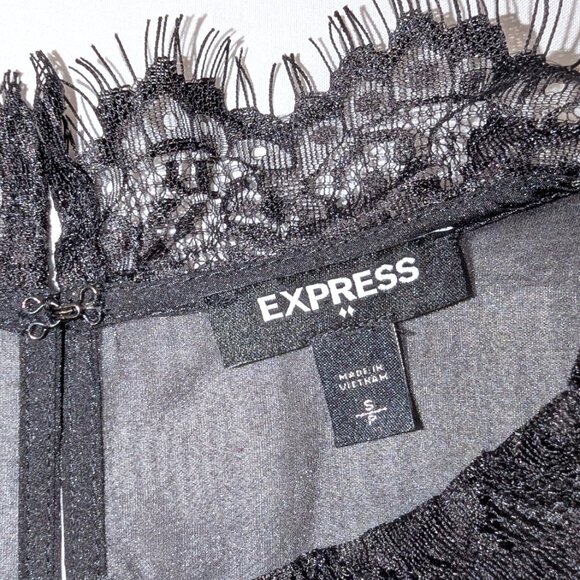 Express | Black Lace Organza Short Sleeve Peplum Top | Size Small - Picture 4 of 13